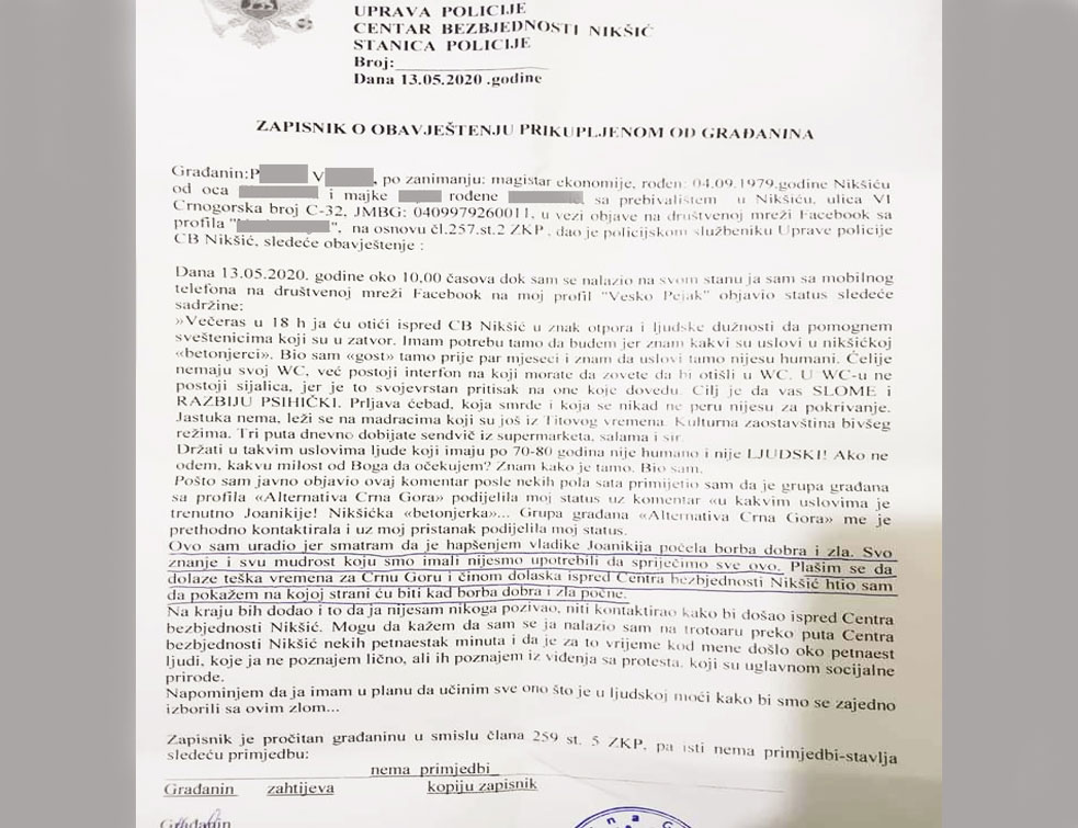 <span style='color:red;'><b>REPRESIJA</b></span>: Zbog FB statusa priveden u policiju